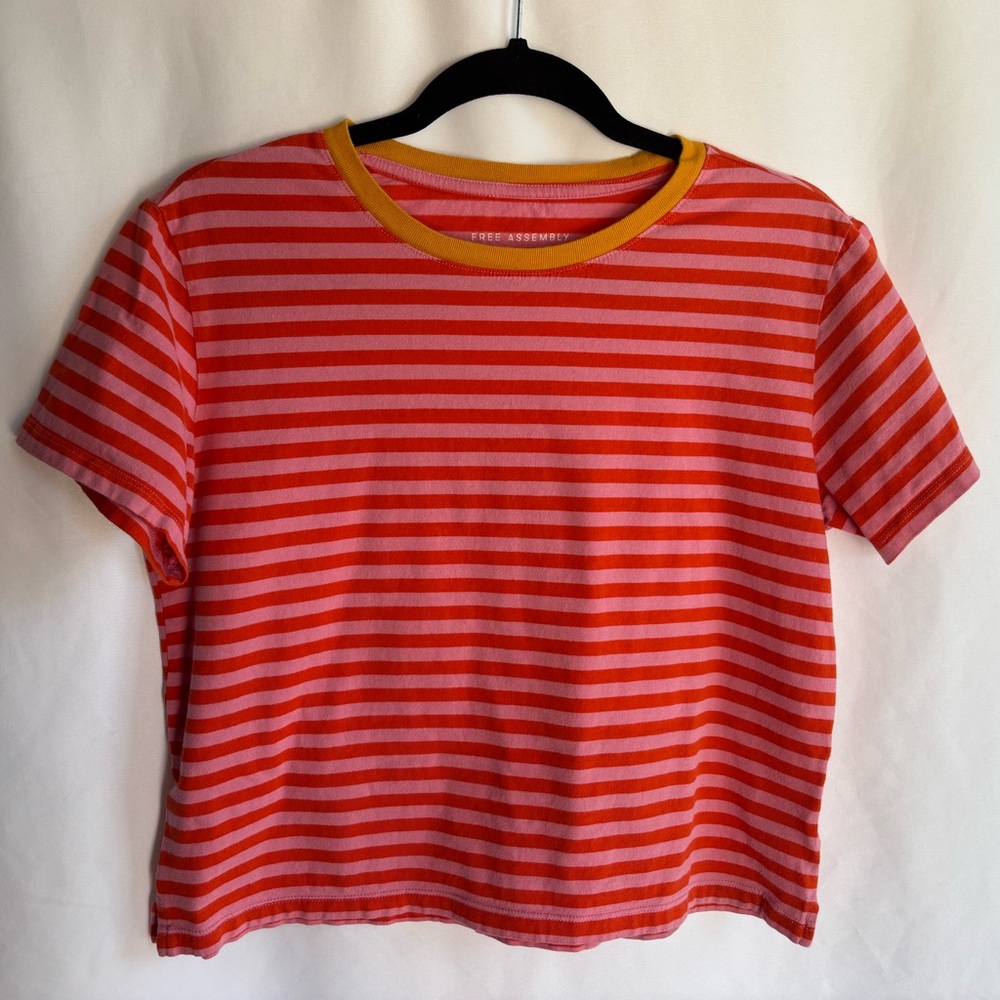 Free Assembly Striped Pink & Red Cropped Tee with Yellow Trim Size M - Picture 2 of 7